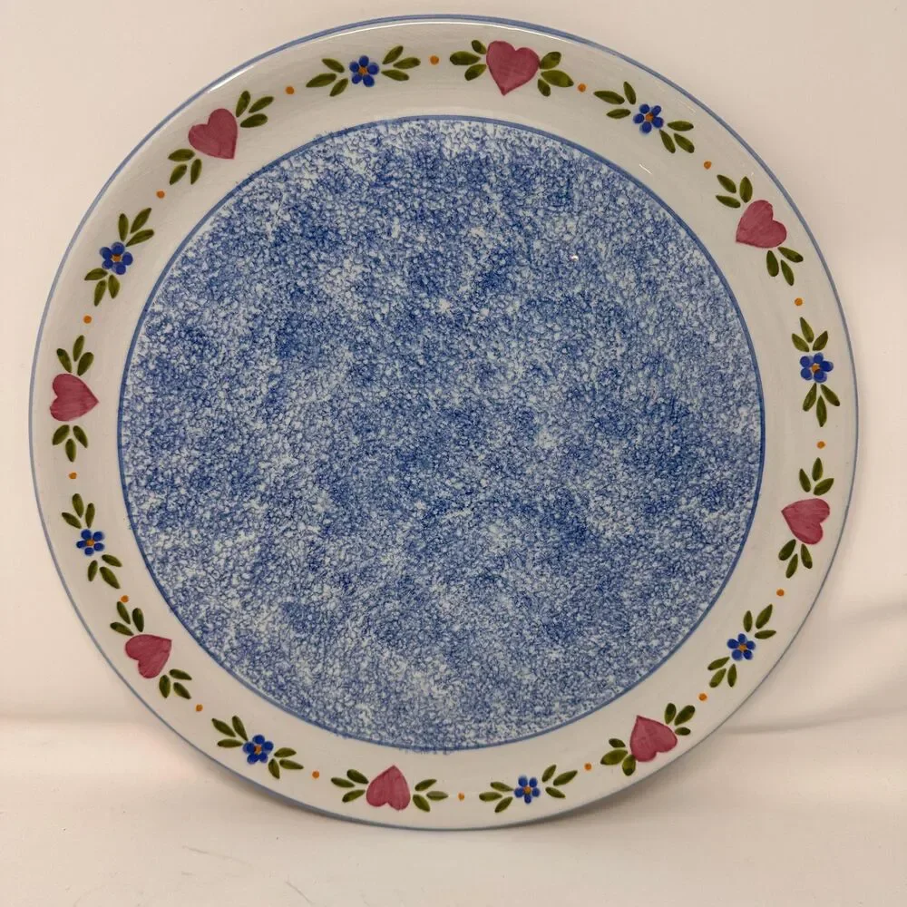 R B Bernarda Vtg Platter Round Heart Flower Trim Blue Sponged Center Portugal